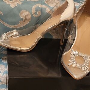 New BCBGeneration clear/silver rhinestone pumps